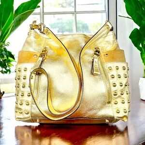 B Makowsky Metallic Gold Studded Shoulder Bag Y2K
